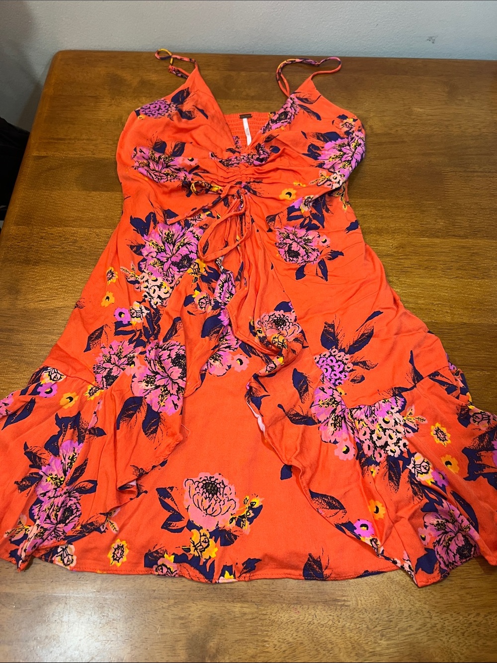 FREE PEOPLE Orange Floral Tie-Front Mini Dress Size SMALL